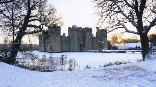 Sunset at Bodiam Castle, East Sussex, in the snow